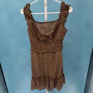 Women's Khaki White Polka Dot Ruffle Smocked Mini Dress Sleeveless Size Small